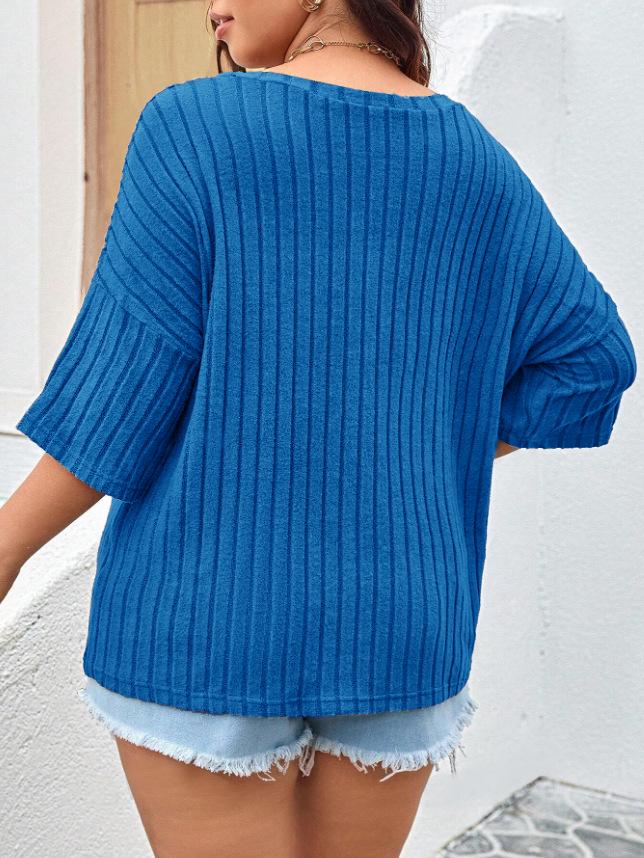 2025 Spring/Summer European & American Fashion Casual Women's Solid V-neck Pocket 3/4 Sleeve T-shirt