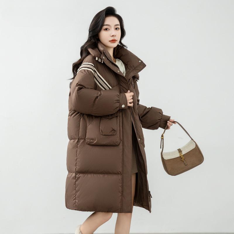 Dámská péřová bunda podzimní a zimní střední délky v korejském stylu, módní stojáček, kapuce