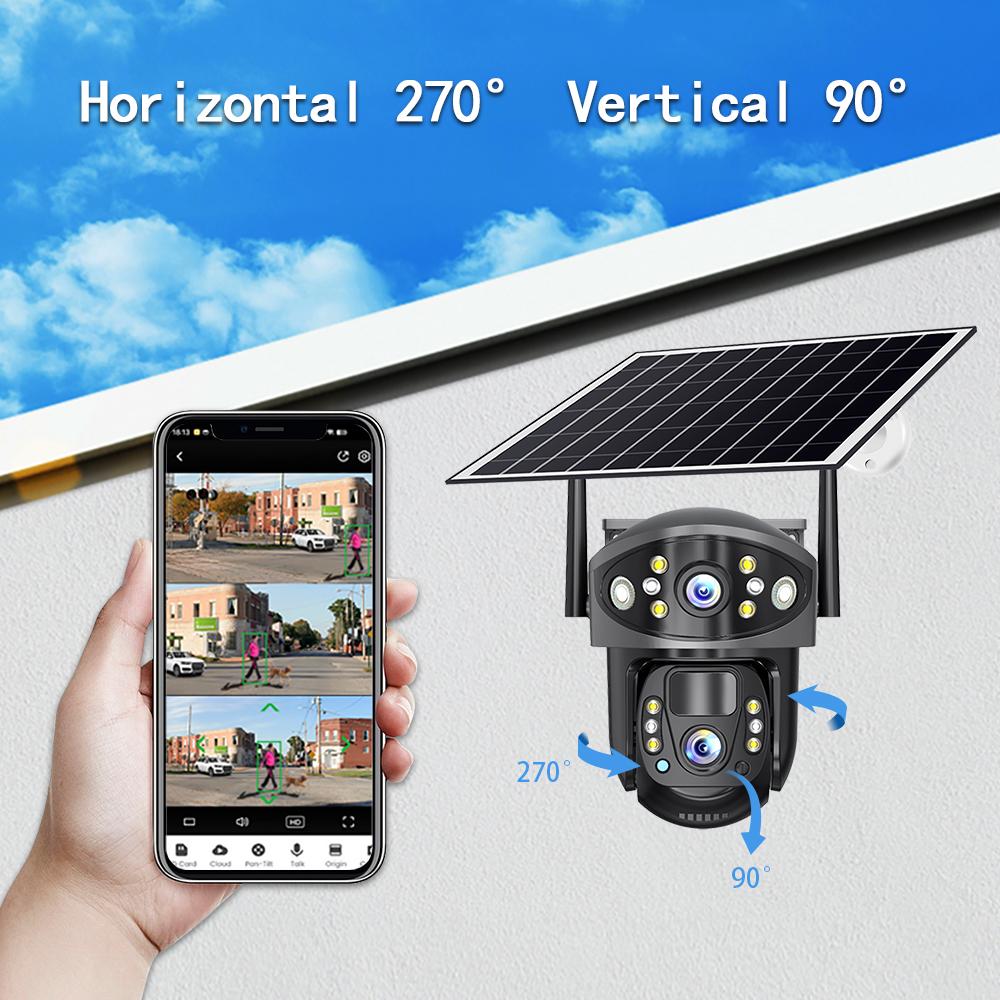 Dual Lens Solar Security Camera, 4G/WiFi Outdoor Monitor with Night Vision, HD Rechargeable PIR Surveillance System