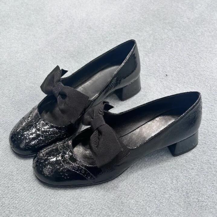 Sheepskin version~ miu style bow genuine leather Mary Jane single shoes women's engraved thick heel high heels small leather shoes ladyshoes