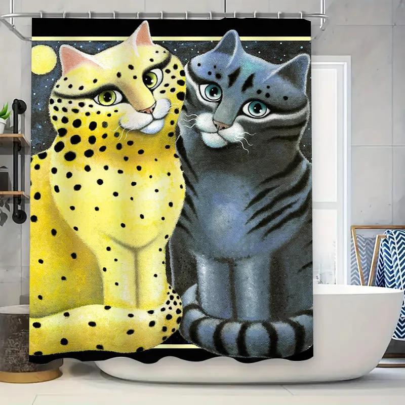 Künstlerischer Gelber Leopard Blauer Kater Duschvorhang Heimdekoration Wandbehang Badezimmerzubehör mit Stangentasche Ringen Anpassbar