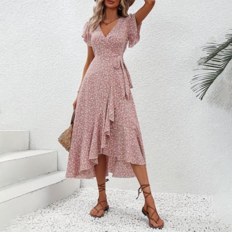 Boho Flowy Summer Floral Maxi Dress for Women V Neck Short Sleeve Wrap Beach Dress Casual Long Dress with Ruffle Hem and Split