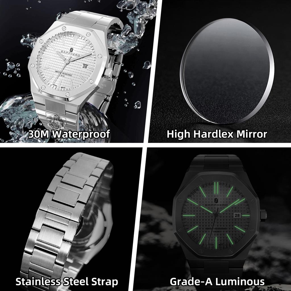 SAPPHERO Octagonal Stainless Steel Waterproof Luminous Wristwatch Luxury Analog Quartz Watch with Date Display Dress Business Watch Casual Luxury