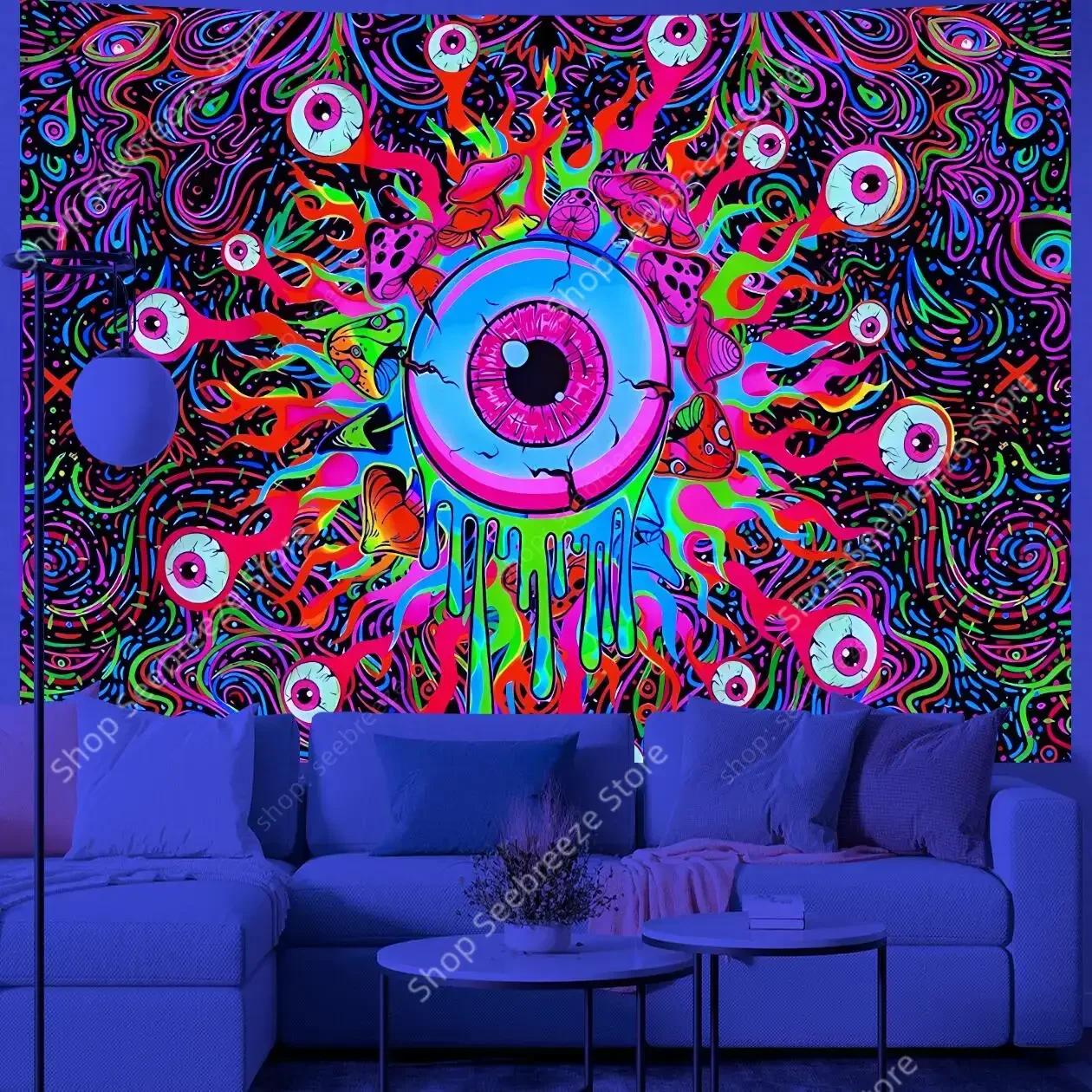 

Psychedelic Eye of God UV Reactive Tapestry for Witchcraft Hippie Wall Hanging Bohemian Mandala Art Aesthetic Room Wall Decor 100x70cm