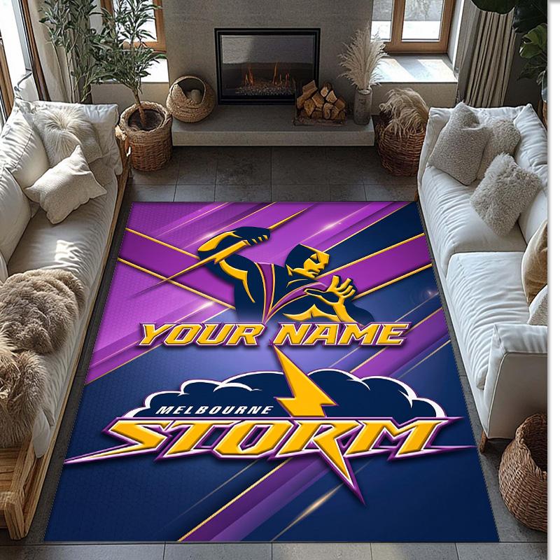 Melbourne Storm Crystal Velvet Rug, Custom Name Text Personalized Non‑Slip Floor Mat for Home Decor Gift