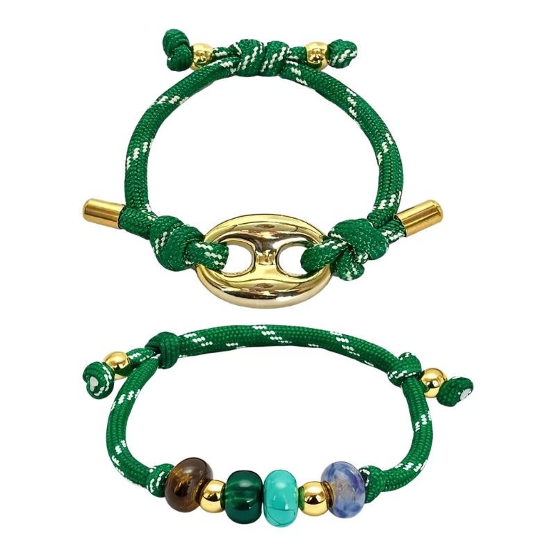 A52E Pack Of 2 Stylish Two Tone Pig Nose Bracelets For Women Trendy Adjustable Rope Handmade Jewelry Fashion Accessories