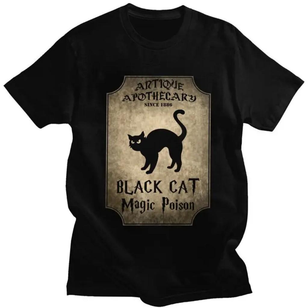 Halloween Black Cat T Shirt for Men 100% Cotton Tee Short Sleeve Gothic Witch Occult Witchcraft T-shirts Loose Fit Clothing