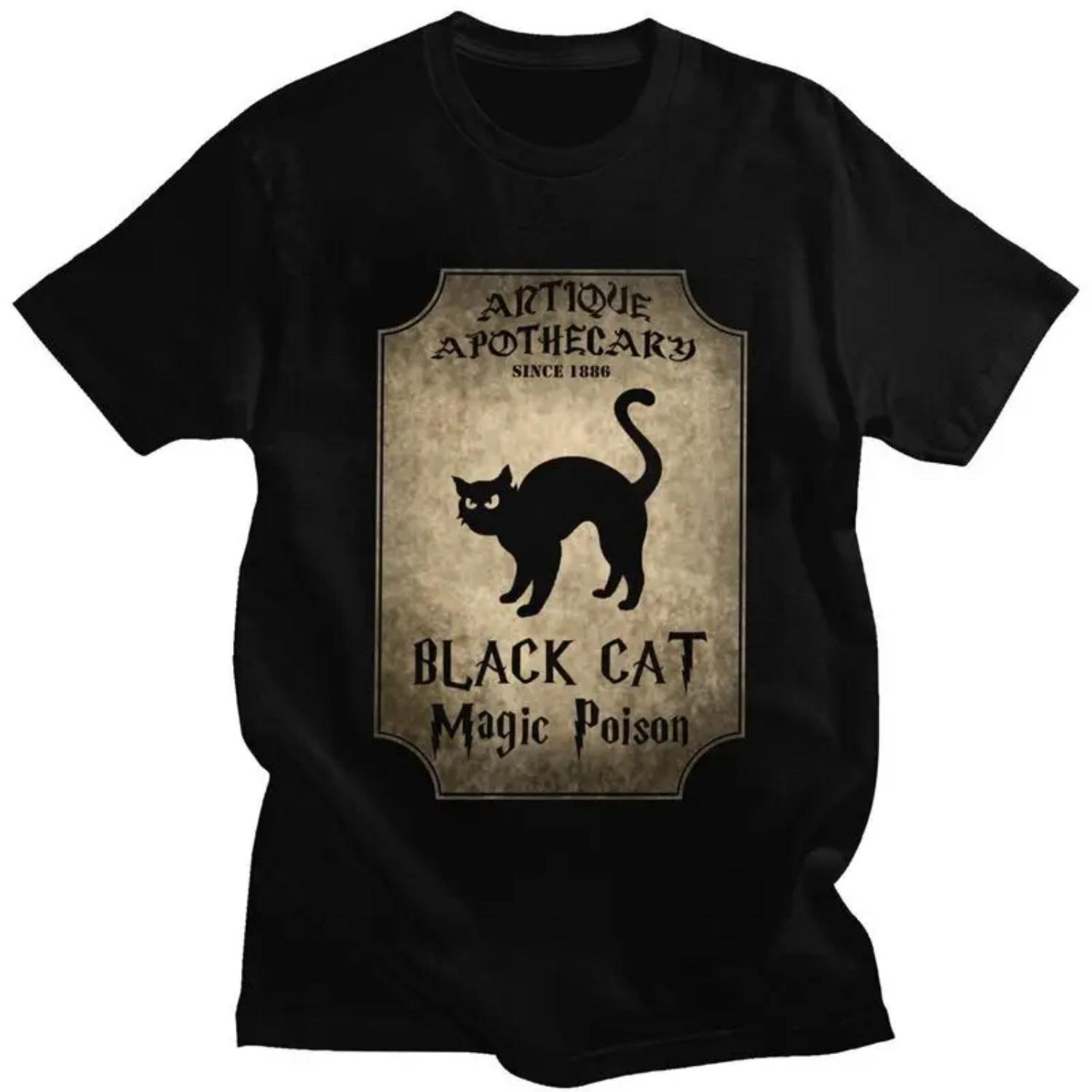 

Halloween Black Cat T Shirt for Men 100% Cotton Tee Short Sleeve Gothic Witch Occult Witchcraft T-shirts Loose Fit Clothing S чёрный