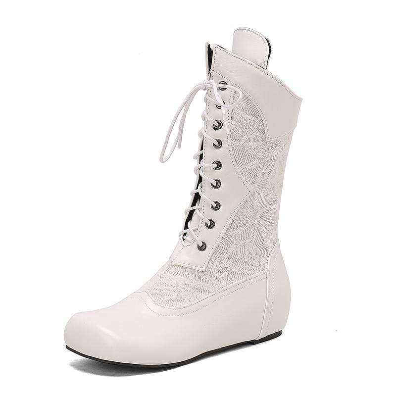 Fashion 2025 Design Mid Calf Boots for Women Round Toe Internal Height Lace Up Large Size 48 49 50 Fashion Dating Booties