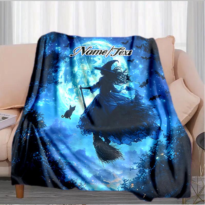 1PC Custom Name Moonlit Witch's Flight Outdooor Flannel Blankets Throw Blanket All-Season Throw Gift Bedspread for Couch, Bed, Camping Holiday Birthda