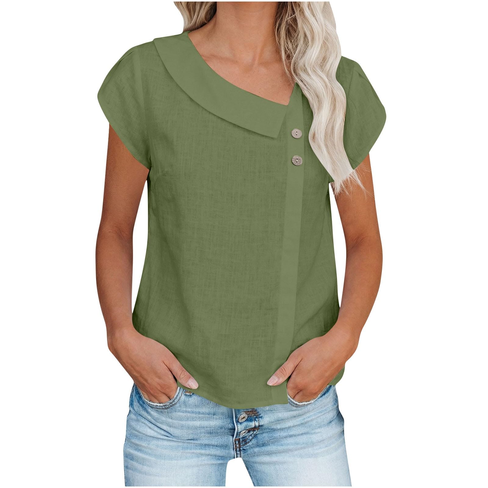 

Women s Casual -Color Half-Moon Neck Button-Down Cotton-Linen Loose-Fit Top M