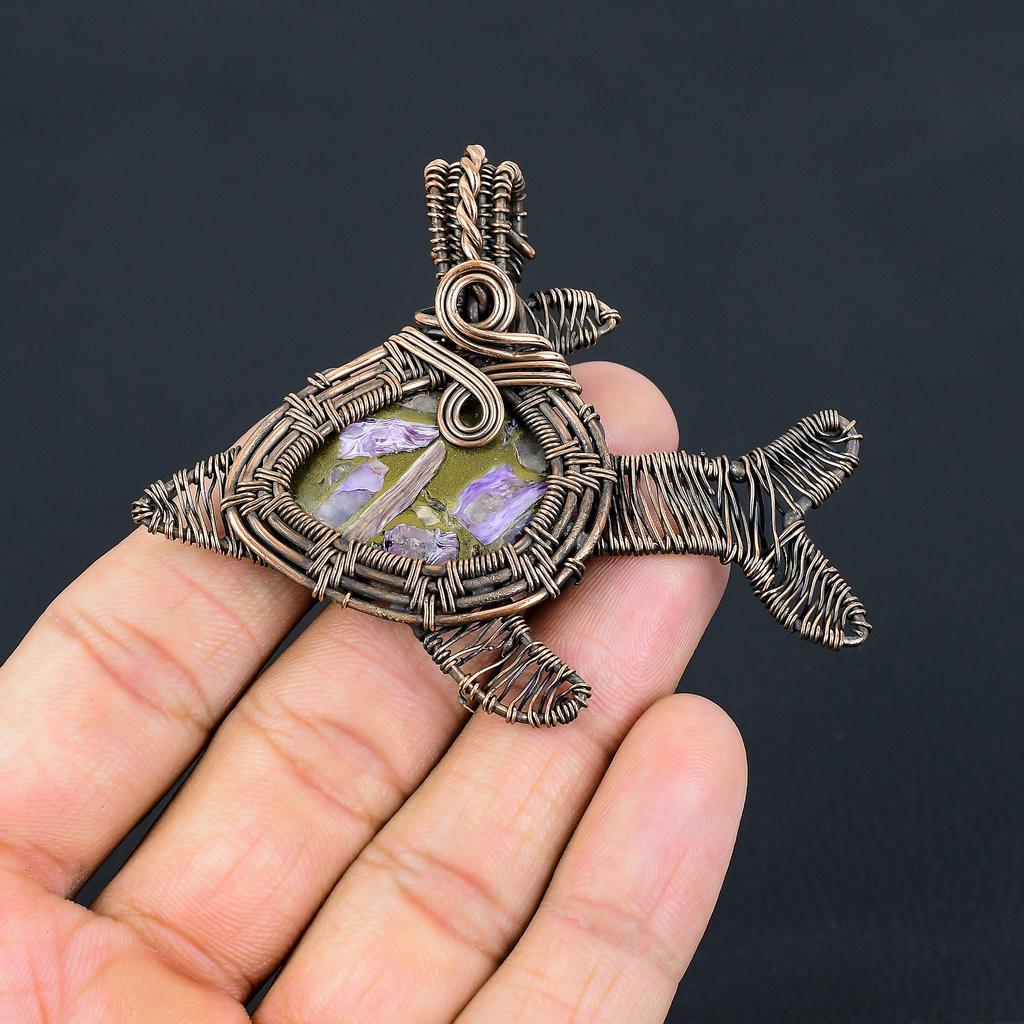 Amazing Copper Charoite Gemstone Handmade Pure Copper Wire Wrapped Fish Pendant Jewelry