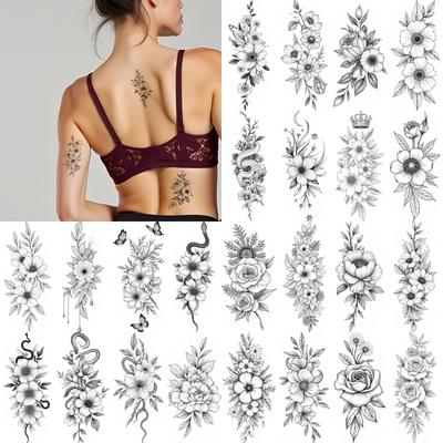 9pcs Temporary Tattoo Waterproof Long-lasting Body Stickers Floral Design Artistic Flowers Floral Illustration For Back Thighs