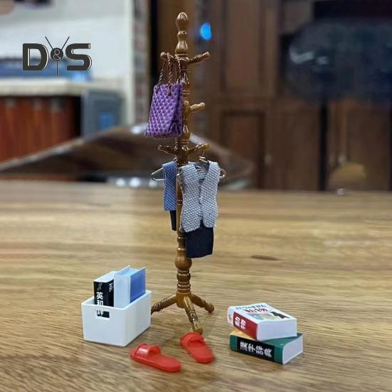 1:12 1:Miniatur-Puppenhauszubehör im Maßstab 6, Miniatur-Hut- und Garderobenständer, Bücher-Kleiderbügel-Set, kleine Sachen für das Puppenhaus-Schlafzimmer
