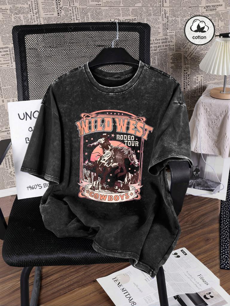 Wild West Cowboys Print Snow Wash Women Tee Shirts Hip Hop Summer T Shirt Casual Washed Clothes Cotton Oversized Short Sleeves