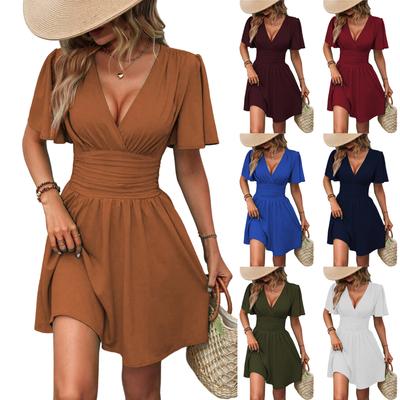 Damska Moda Dekolt V Krótki Rękaw Zwężana w Talii Bohemianowska Sukienka Imitacja