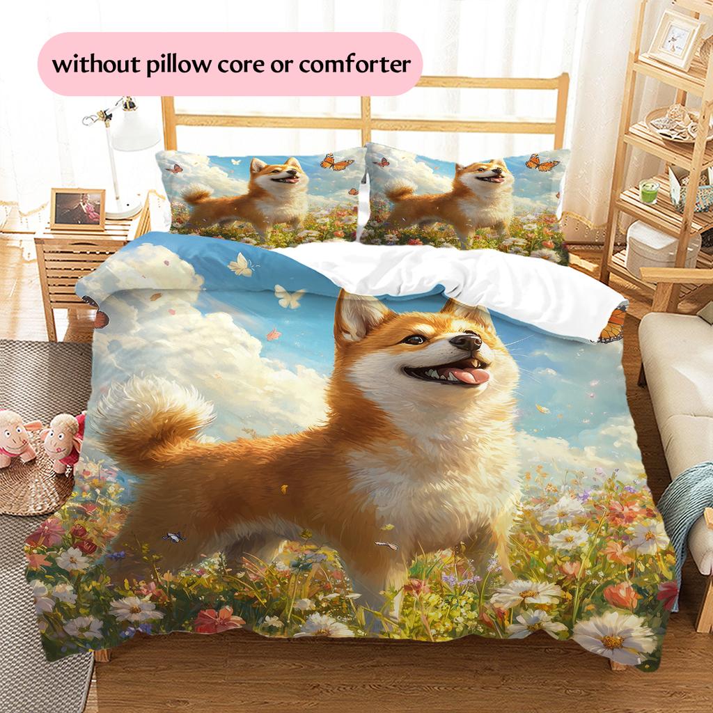 Shiba Inu and Fresh Flowers Pattern Bedding Home Decoration Birthday Gift (1 * duvet cover + 2 * pillowcase, without core)