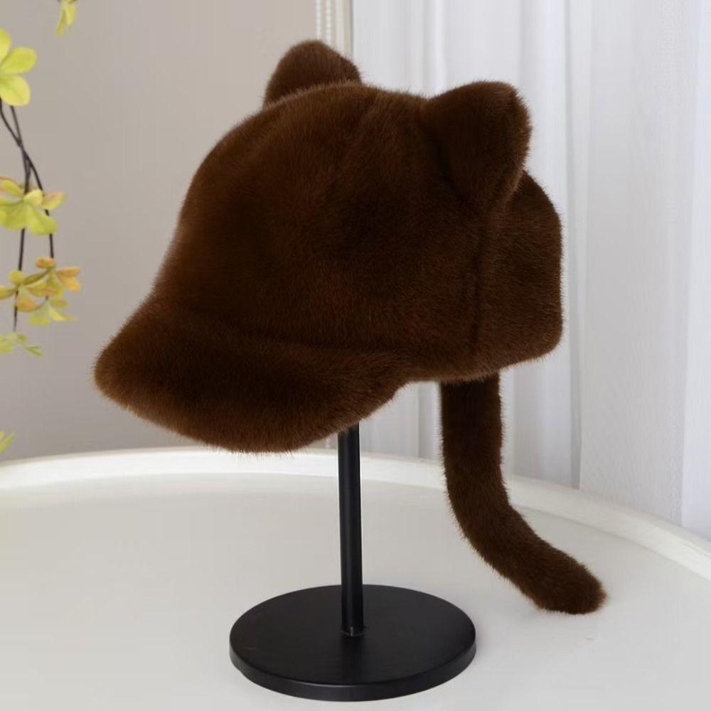 Cosplay Cat Ear Plush Hat Lovely Tail Peaked Cap Fashion Black Cat Baseball Cap  Autumn