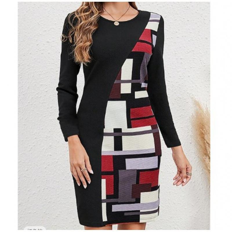 Women's Spring Summer Geometric Print Bodycon Midi Dress, Round Neck Long Sleeve Slim Fit Casual Office Work Dress