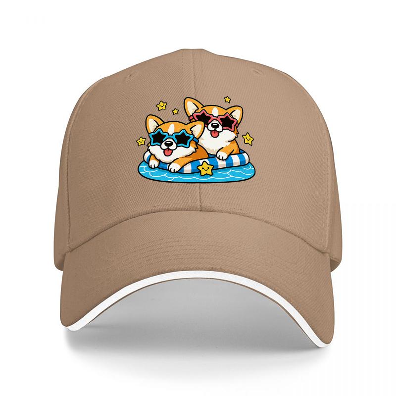 Corgi-Hunde-Sommer-Pool-Schwimmkappe, cooles Cartoon-Haustier-Sonnenbrillen-Design, schwarzer verstellbarer Hut für Erwachsene