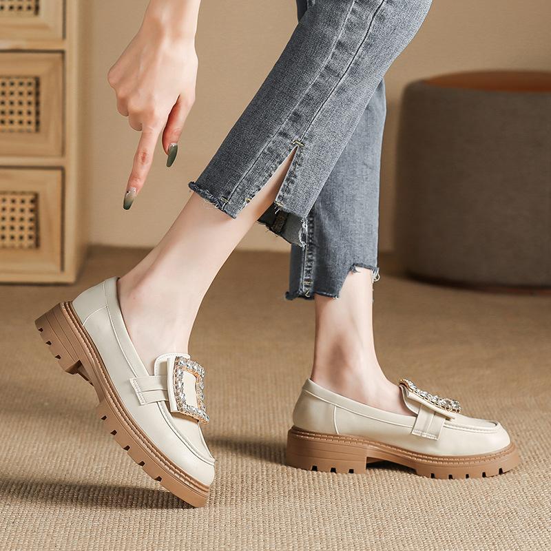 Fashion 2025 Genuine Leather Flats Shoes Woman Sparkling Stone Buckle Oxfords Thicken Soled Rubber Loafers Ladies Lolita Sneakers Mujer