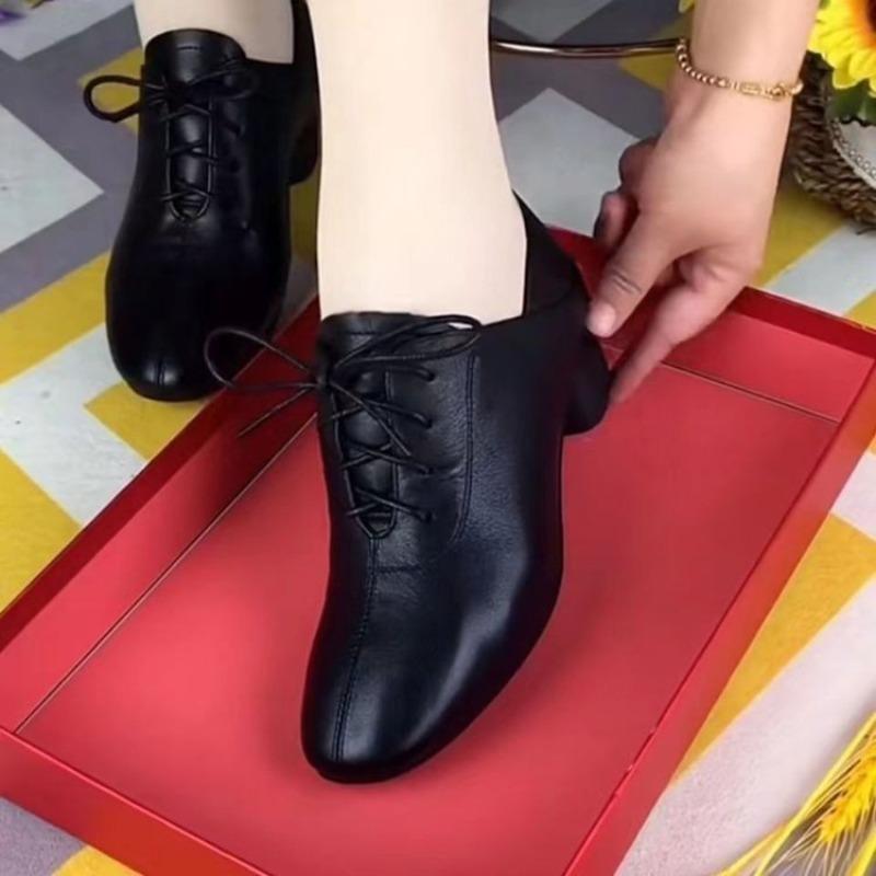 Soft Leather Women's Shoes New Autumn Single Shoes Thick Heel Lace-up Black Leather Shoes Work Shoes Soft Sole Soft Leather Shoes