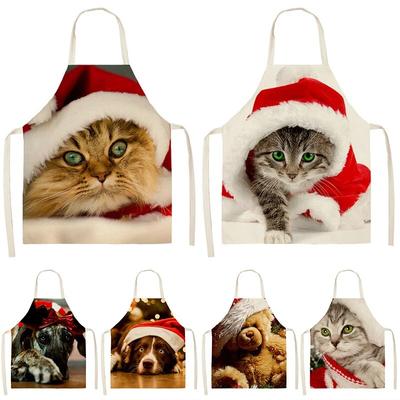 Simple Red Hat Cat and Dog Pattern Women's Kitchen Apron Linen Clean New Year 2022 New Apron