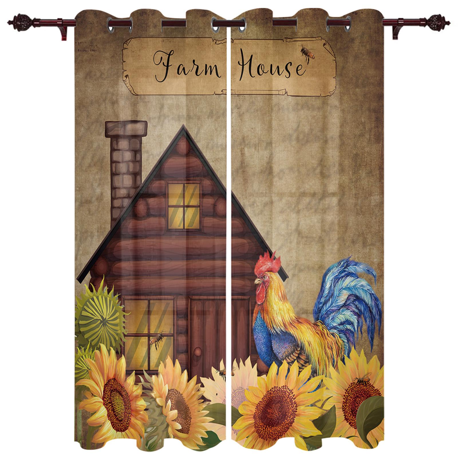 Винтажные шторы на окна с изображением подсолнечника и петуха — фото 11