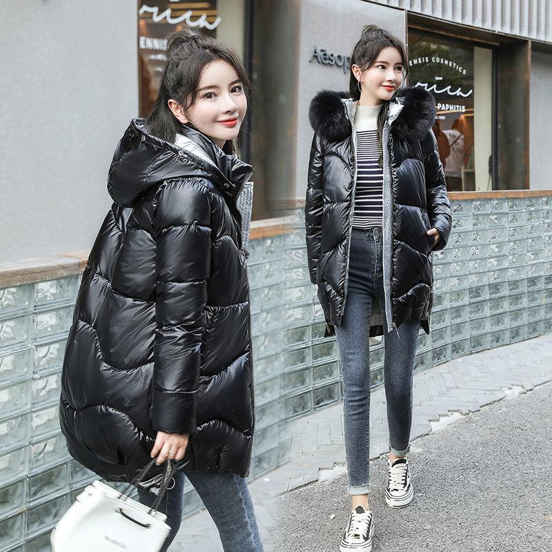 Winter Women Mid-length Parkas Jackets Casual Female Thicken Warm Hooded Jackets Coat Windprood Shiny Parka Coat with Fur Collar