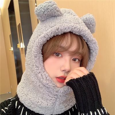 Winter Cute Bear Ears Warm Hat Windproof Neck Scarf Cap Student Women Plus Cashmere Cap