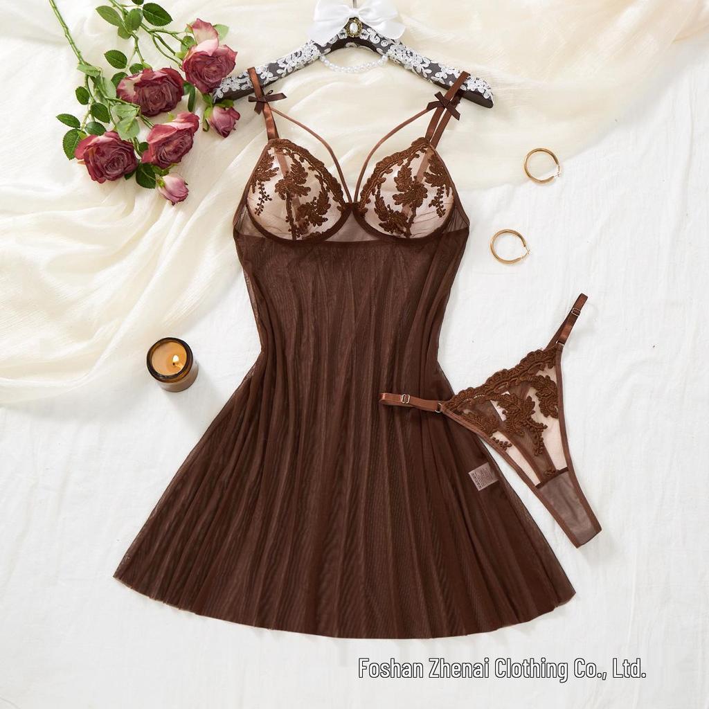 Multi-Color Bow Wheat Ear Embroidered Deep V See-Through Lingerie Set with T-Back