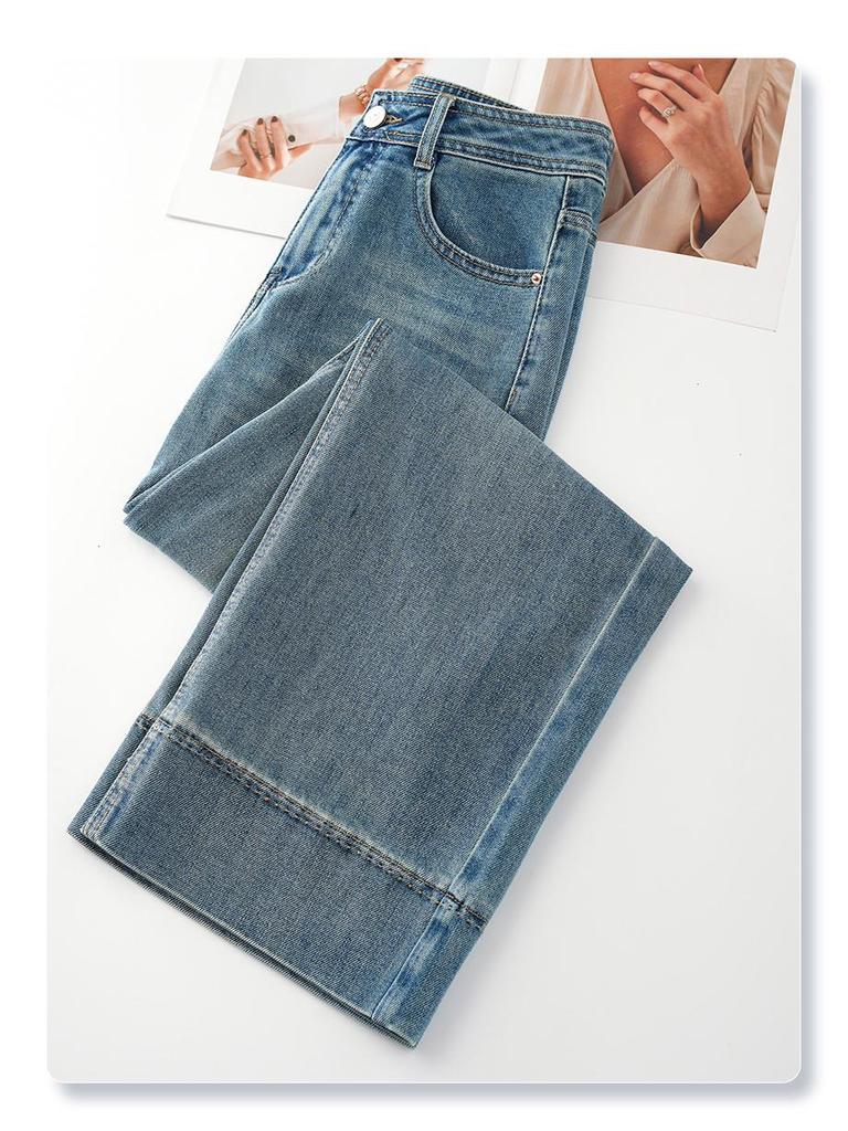 Women's Blue High-Waisted Loose Draping Denim Pants, 2025 Spring Straight-Leg Versatile Wide-Leg Design.