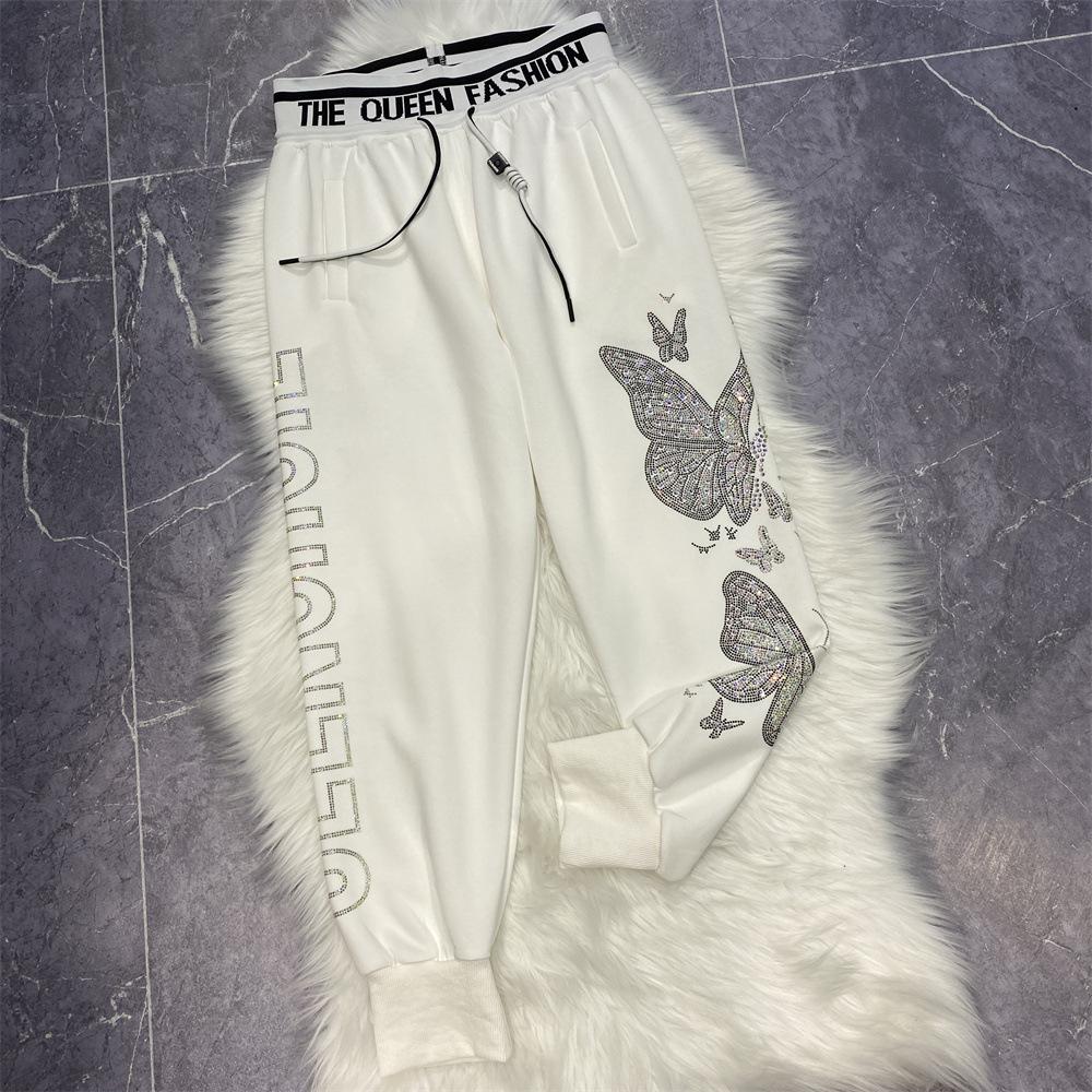 Plus Size Rhinestone Sparkly Sweatpants with Elastic Waist - Women's Autumn Winter Fashion