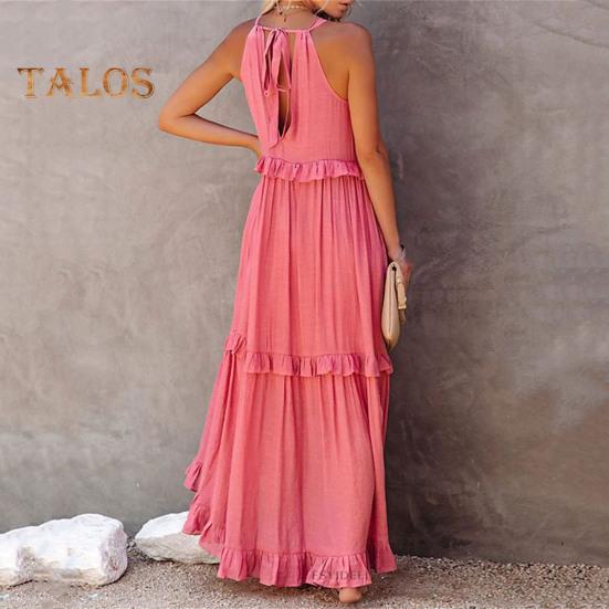 Γυναικείο καλοκαιρινό φόρεμα με βολάν, λαιμόκοψη αμάνικο, χαλαρό, μονόχρωμο, πτυχωτό φόρεμα για διακοπές στην παραλία