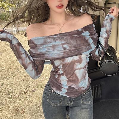 Kadın Seksi Şeffaf Tek Omuz İpli Batik Baskılı Uzun Kollu Gömlek