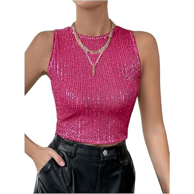 Women Fashion Sequins Slim Fit Sleeveless Cropped Casual Tank Top