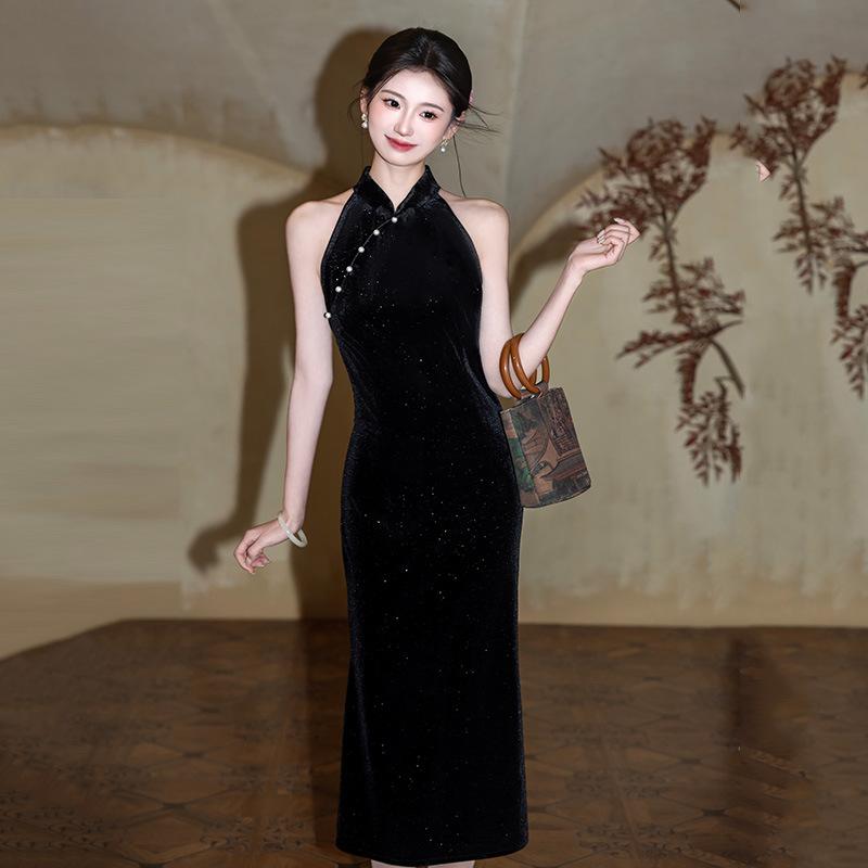 Neck black golden velvet national style new Chinese cheongsam improved young 1011 new women's high-end evening dress