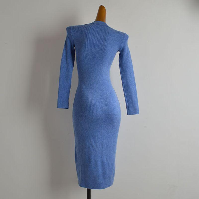 French Simplicity New Arrival Polo Lapel Single Breasted Long Sleeves Knitting Dress Female Spring and Autumn Slim Fit Slit Sheath Skirt