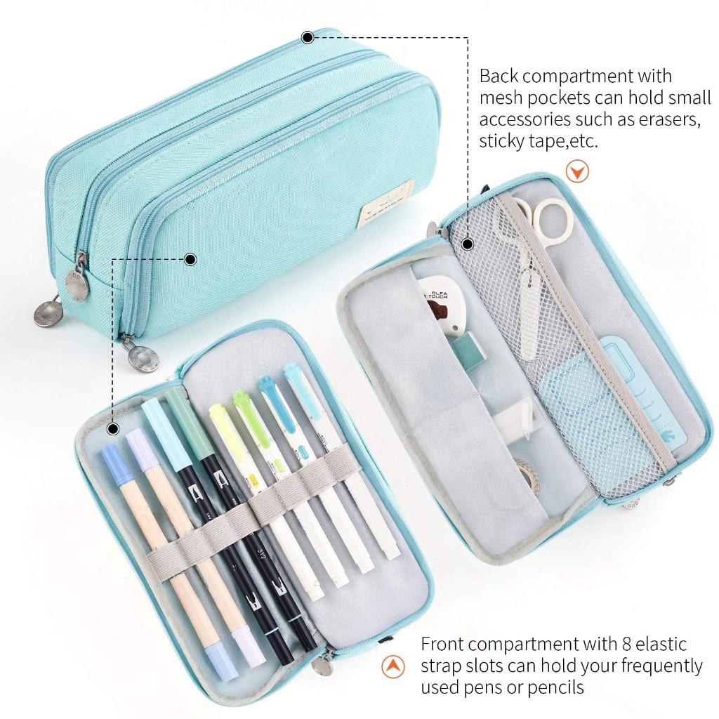 Large Capacity Pencil Case 3 Compartment Pouch Pen Bag for School Teen Girl Boy Men Women,Light Blue