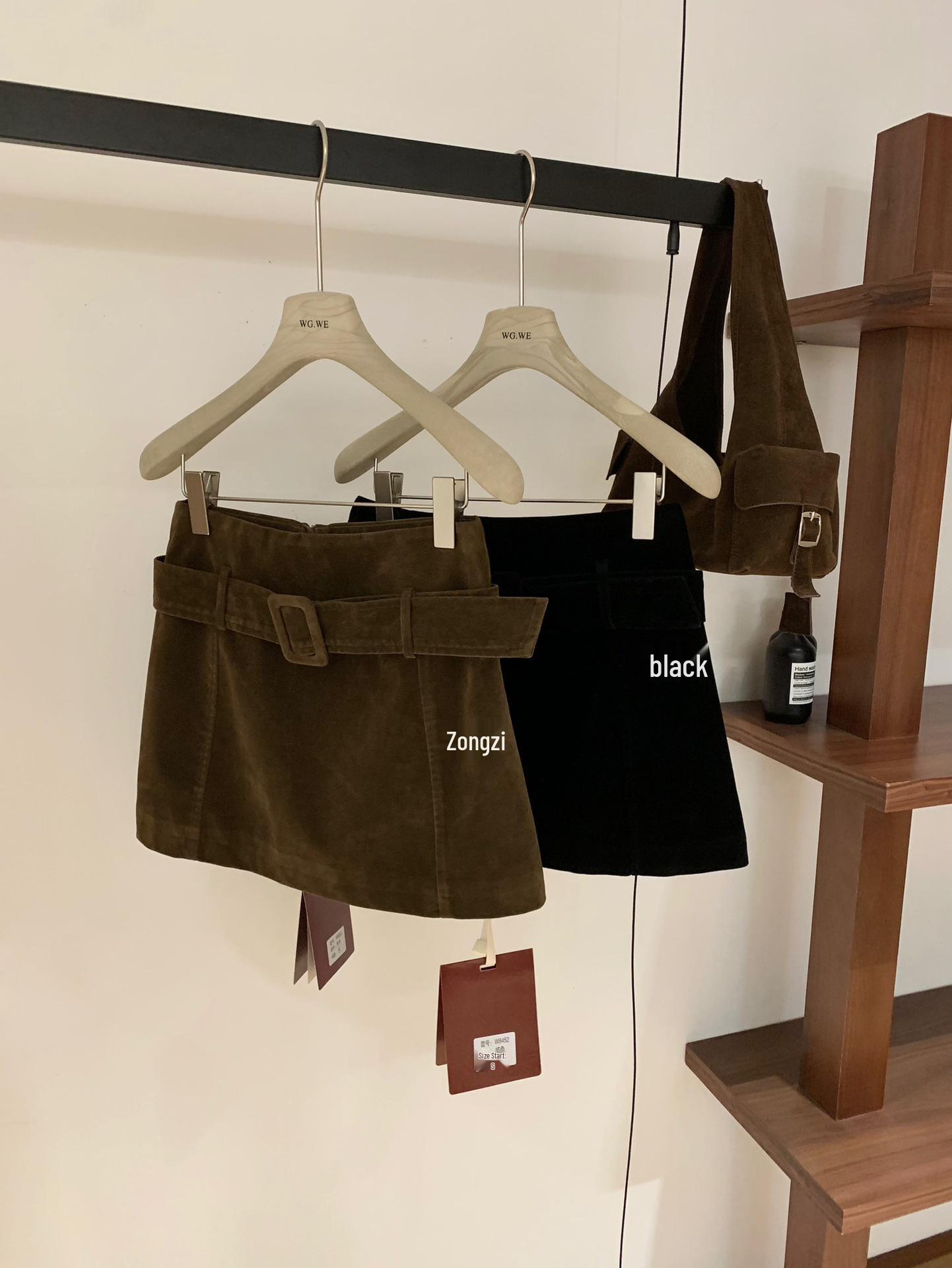 Autumn/Winter Suede Plush High-Waisted A-line Skirt with Belt Small чёрный