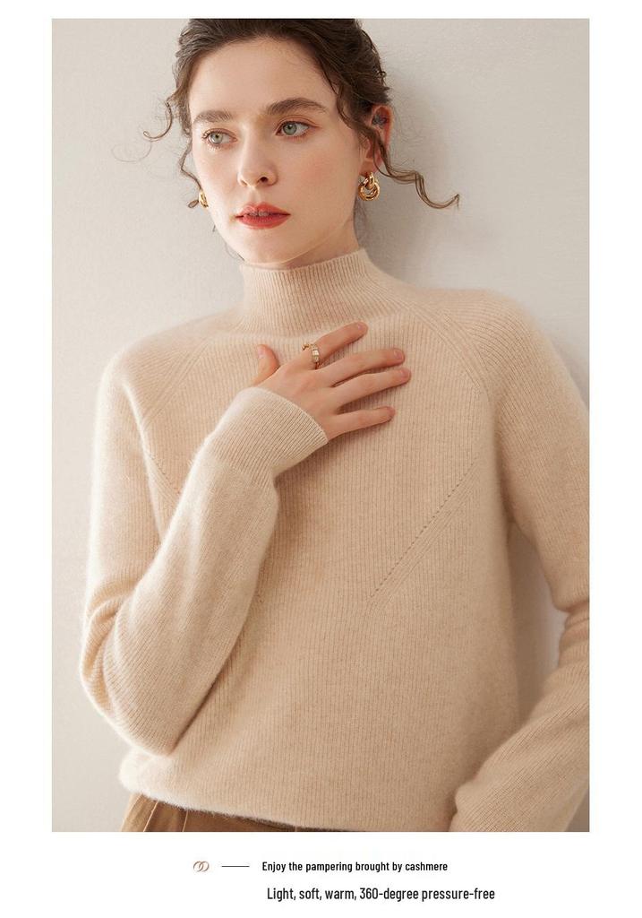 Women's Stylish Cashmere Sweater with Half-High Collar and Raglan Sleeves