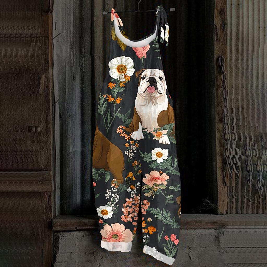 Kombinezon damski z nadrukiem świątecznym, swobodny, luźny, vintage, na ramiączkach, bawełniany, lniany