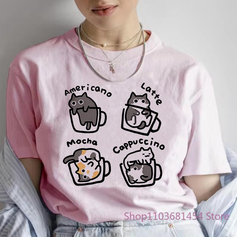 Female T Shirt Cat Coffee Pure Trendy Summer Slim Short Sleeved T-shirt Women Mocha Latte Cat Fun Cat Top Tees