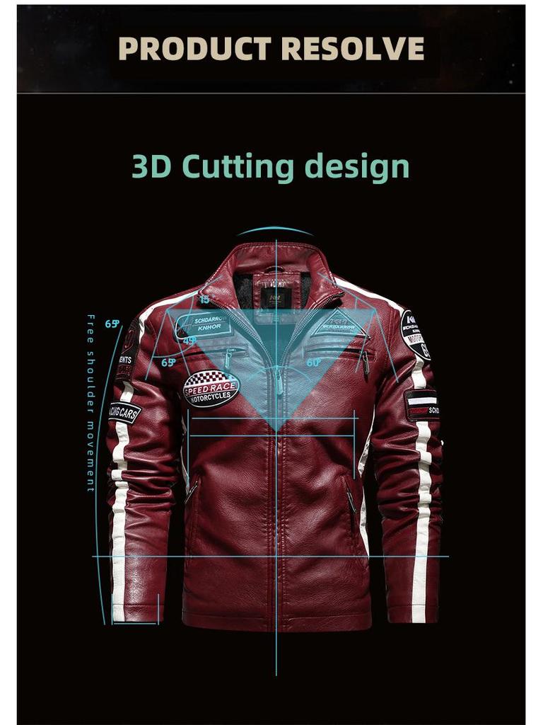 Men's Color Block PU Leather Jacket with Fleece Lining, Motorcycle Racing Style