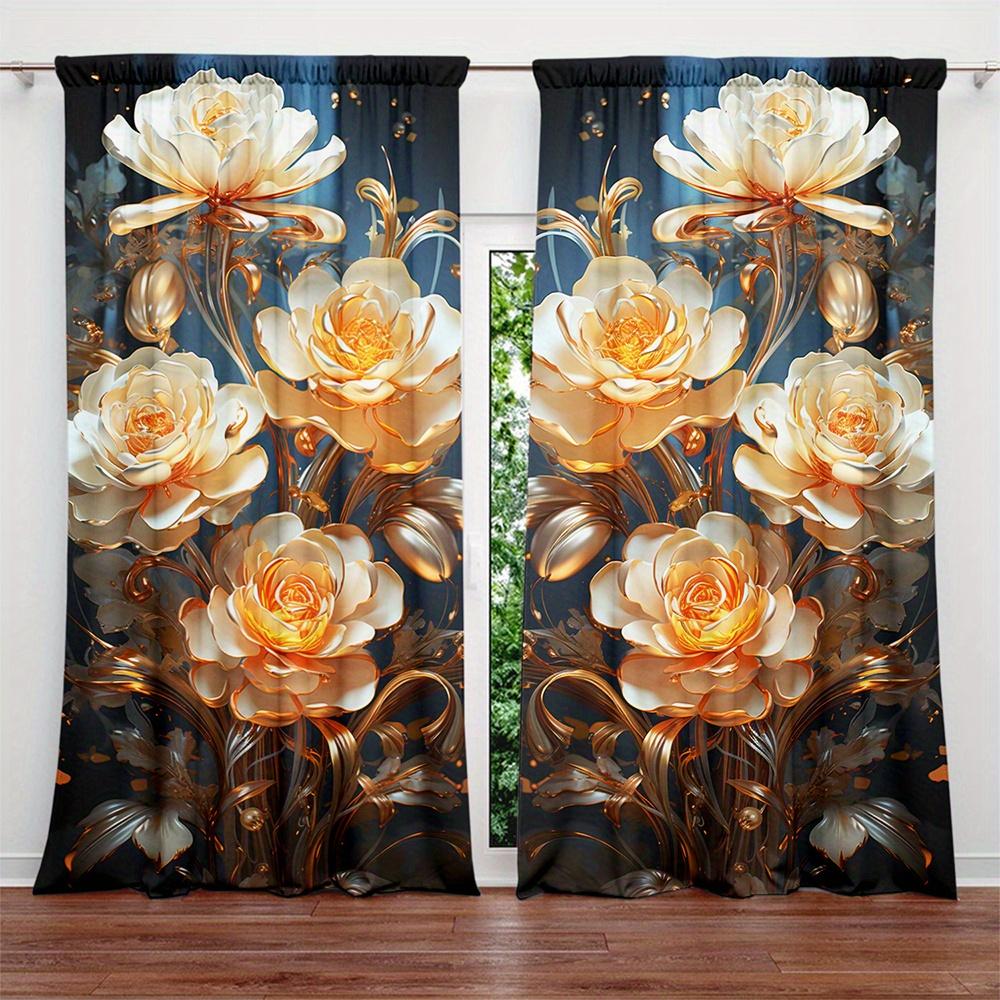 2 ks Nádherný zlatý růžový květinový závěs pro domácí dekoraci Kapsa na tyč Úprava okna Pro okna ložnice, kanceláře, kuchyně