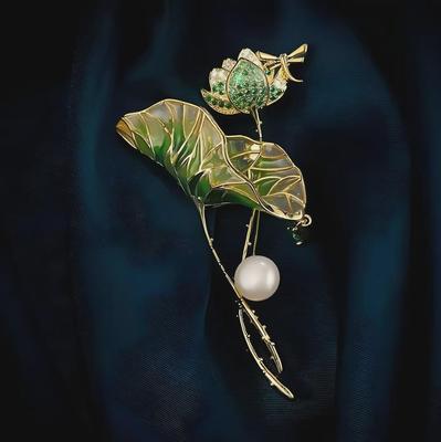High-End Lotus Pond Enamel Brooch: Elegant Chinese Design