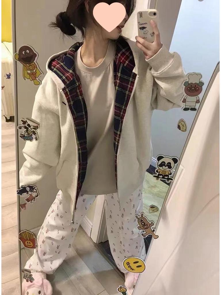 Women's Retro Plaid Patchwork Hooded Fleece Cardigan Jacket