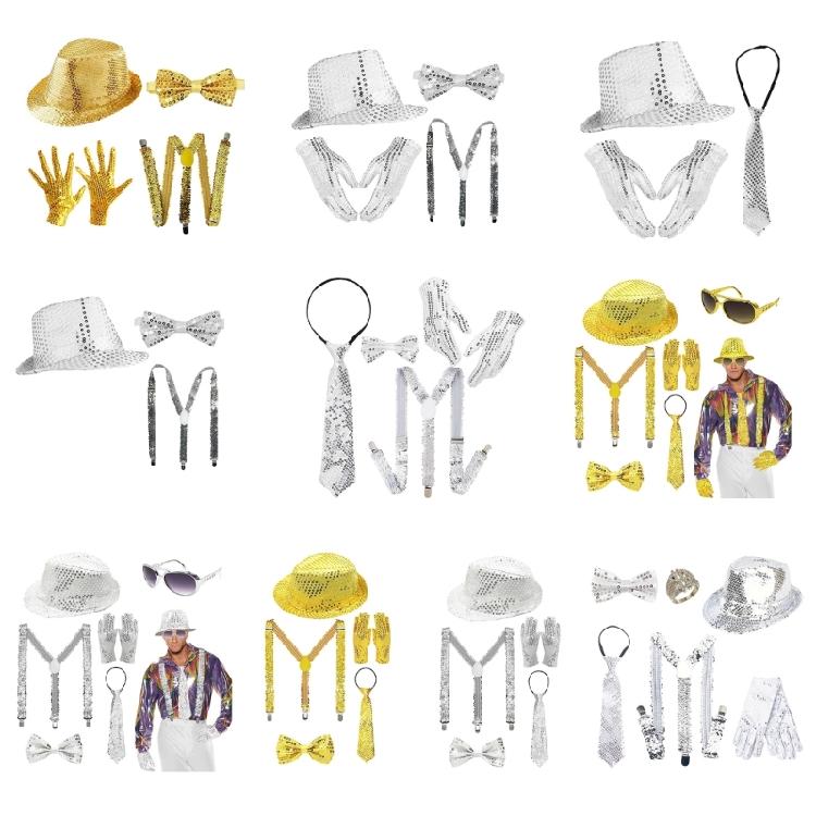 3/4/5/6 Pezzi Cappello con Bretelle Papillon Guanti da Costume da Stella della Danza Uomo Anni '80 '90 Abiti da Palco per Halloween Cosplay Festa