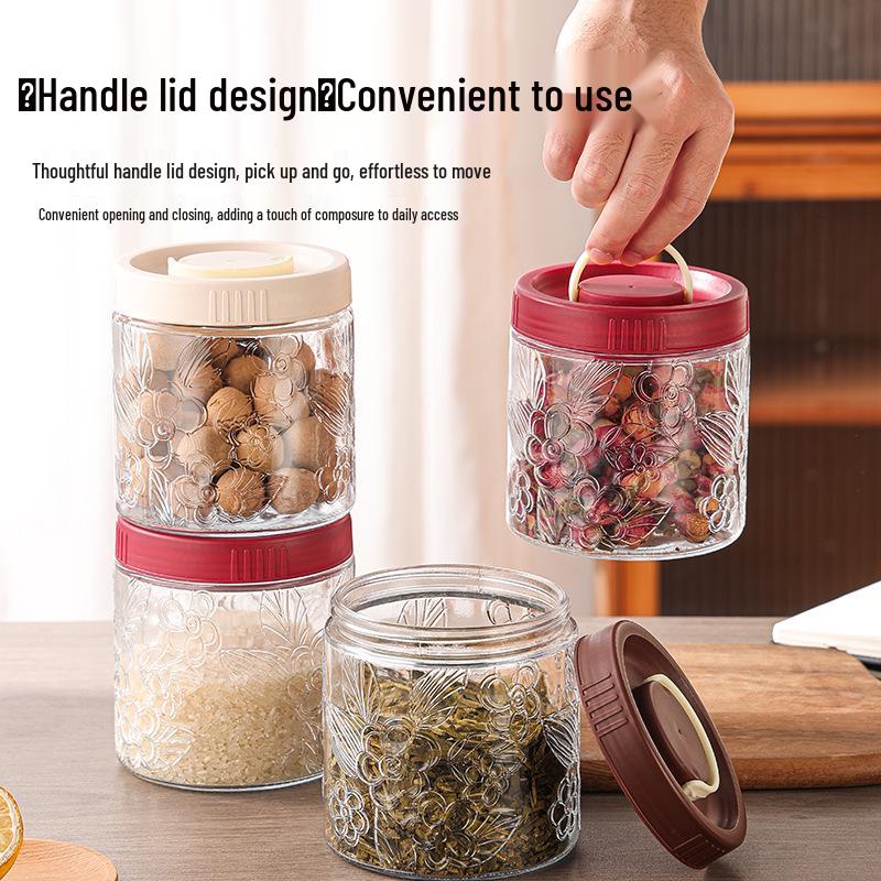 Large Embossed Begonia Flower Glass Storage Jar with Wide Opening for Rock Sugar