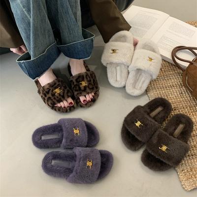 Thick-bottomed Fluffy Slippers for Women To Wear 2025 Autumn and Winter New Fashion Lamb Wool One-word Cotton Slippers for Women